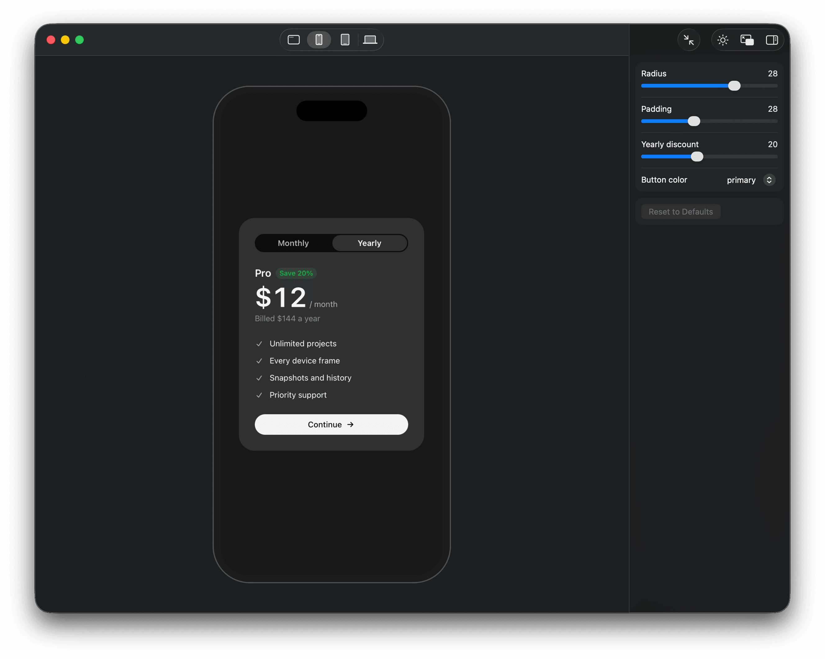A pricing card with a monthly and yearly switch inside an iPhone mockup, with its sliders beside it