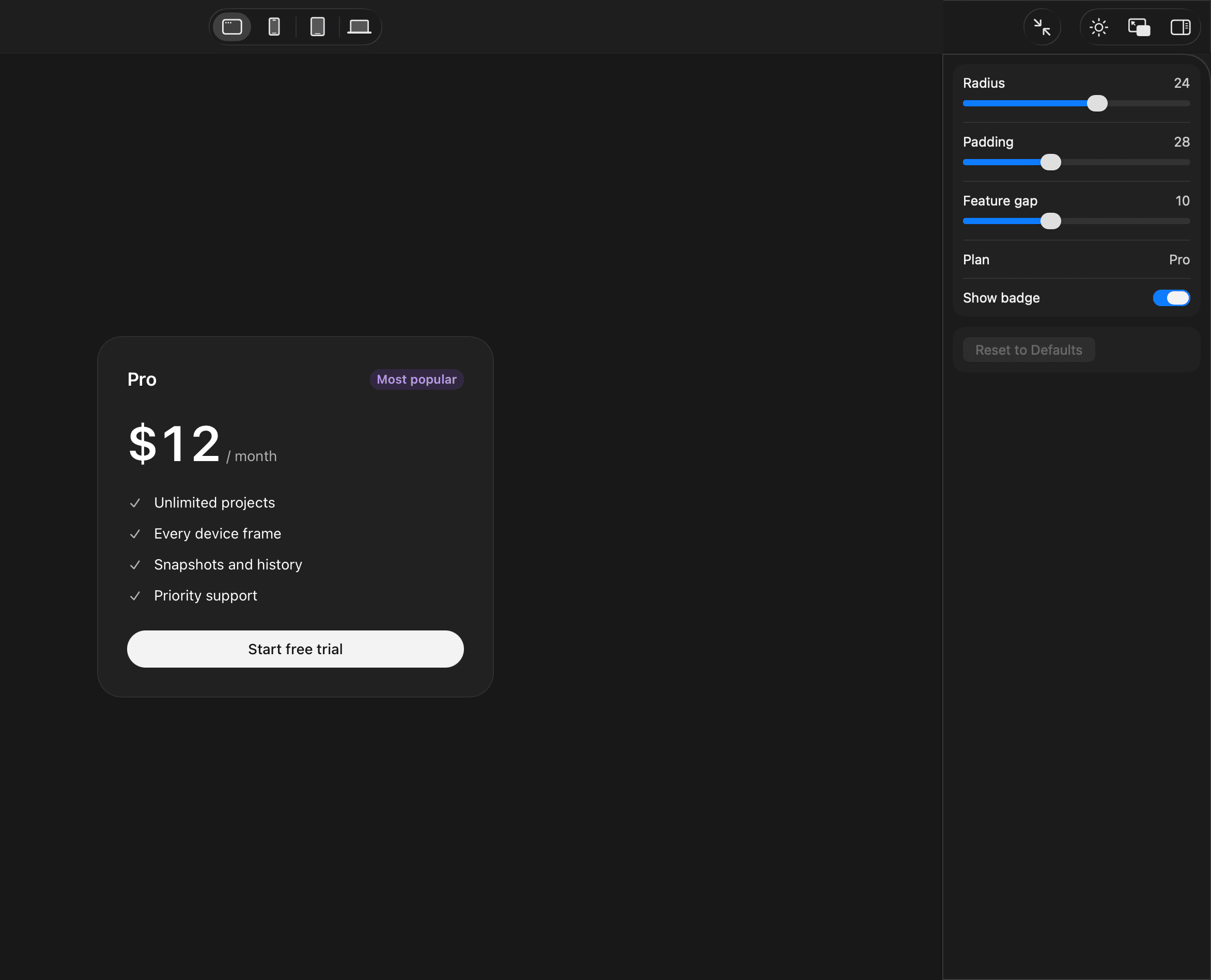 A pricing card in the preview window, with sliders for radius, padding and spacing beside it
