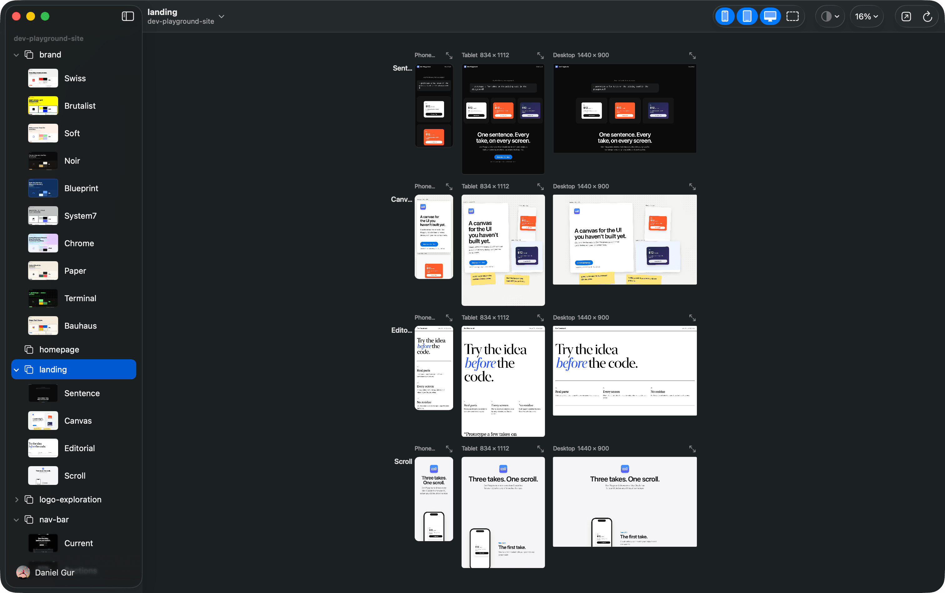 The Sneak Peek window: projects and prototypes in the sidebar, and four takes on a landing page, each on phone, tablet and desktop