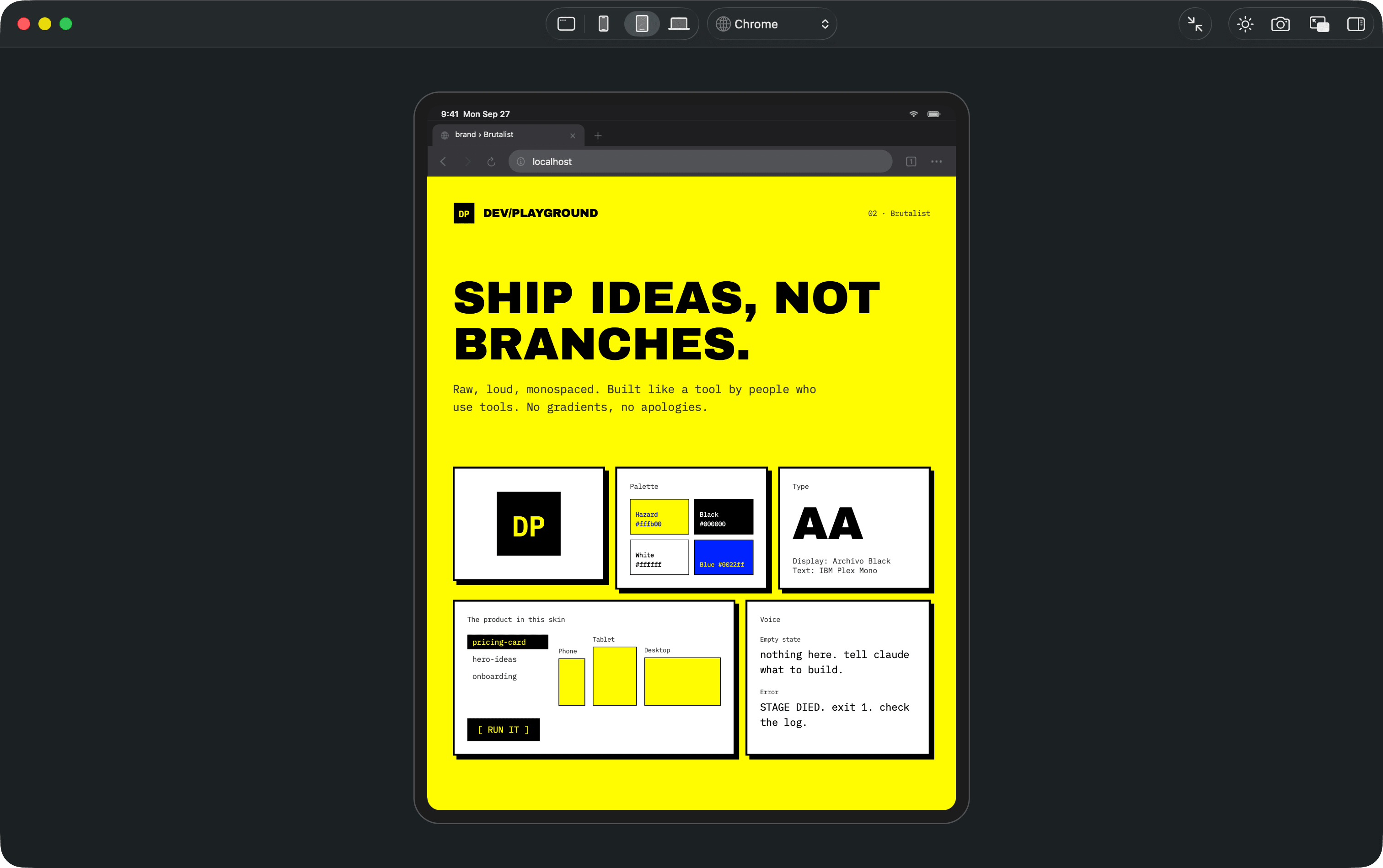 The yellow landing page in Chrome on an iPad, with a tab and the address bar above it