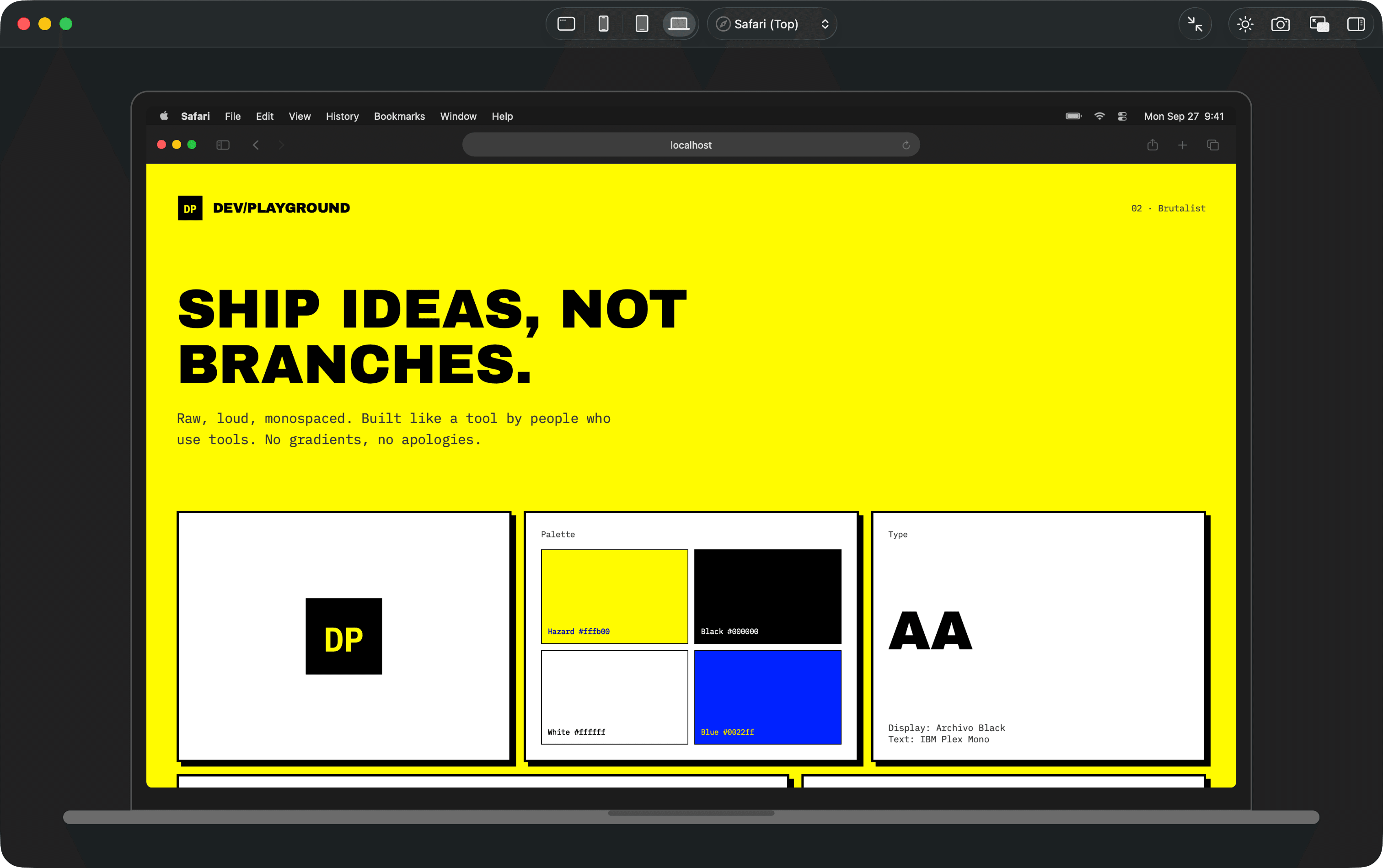 A bold yellow landing page in Safari on a MacBook, with the macOS menu bar and Safari's toolbar above it